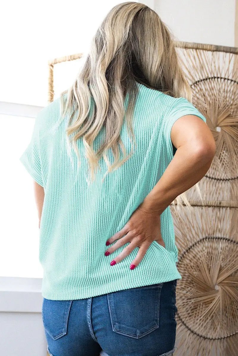 Light Blue Twisted Rib Contrast Pocket Knit Crew Neck Plus Size T Shirt - Love Salve
